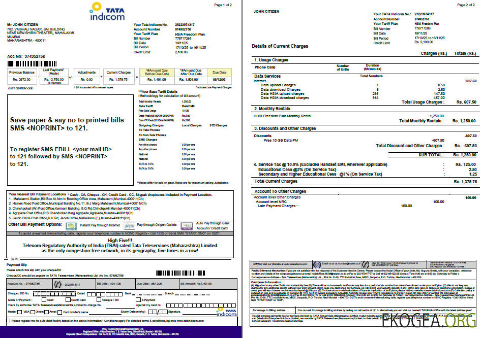 India Tata Indicom utility bill template in Word and PDF formats, 2 pages